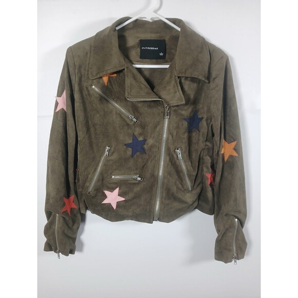 Olivaceous Olive Green Faux Suede Star Moto Jacket Size L EUC Zip Pockets Edgy - Picture 1 of 10